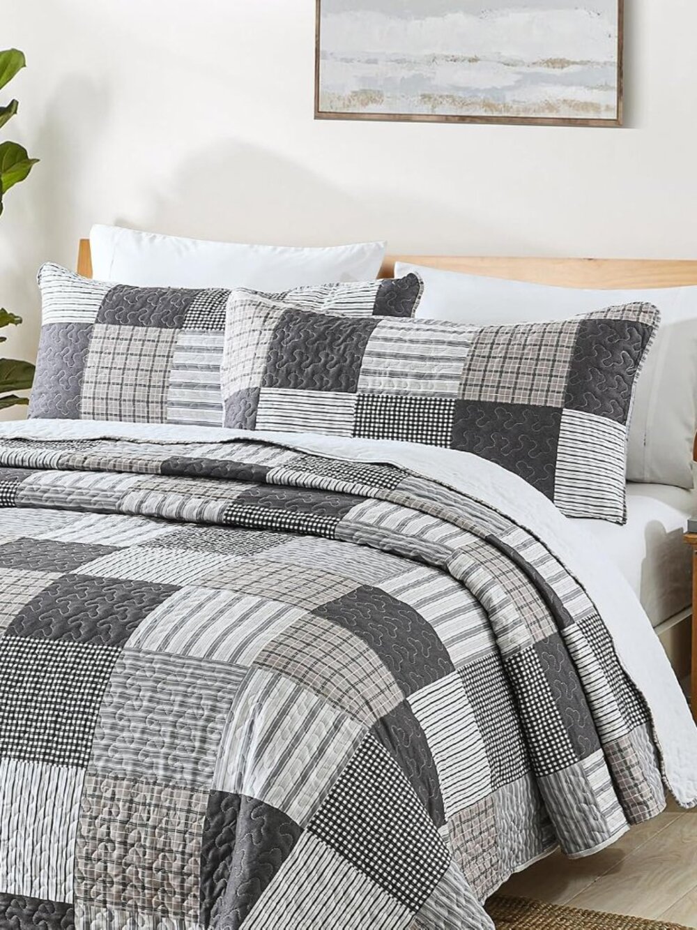 Quilt Set Queen Size, 3 Pieces Bedspread Coverlet Plaid Patchwork Quilt Farmhous
